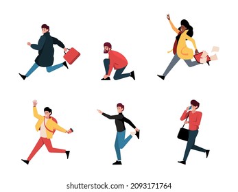 Late people. Business characters running person rush to office speed lifestyle stressed hurrying stressed people garish vector flat illustrations