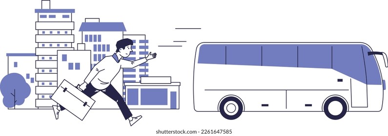 Una persona tardía se pone al día con el autobús. Escena vectorial.