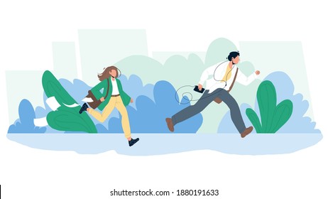 Late Person Man And Woman Running On Street Vector. Young Boy With Music Player And Girl With Briefcase Run And Late For Work Or Bus. Characters Businesspeople Flat Cartoon Illustration