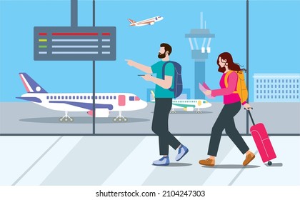Late for plane vector illustration. Cartoon flat busy couple tourist character with travel suitcase running through airport terminal interior missing or trouble with transit airplane flight background