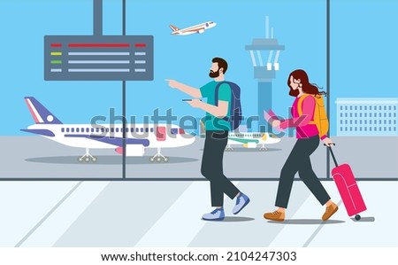 Late for plane vector illustration. Cartoon flat busy couple tourist character with travel suitcase running through airport terminal interior missing or trouble with transit airplane flight background