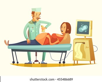 Late Pregnancy Ultrasound Screening For Birth Weight Prediction And Fetal Hart Rate Monitoring Retro Cartoon Vector Illustration 