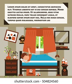 Late rise, reluctance to wake up in the morning. A bad mood, anger. The bell alarm clock. The bad Outside setting, autodestruction. Poor start to the day. Vector illustration. Template for text