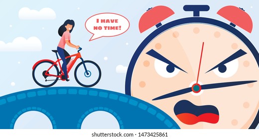 Late Stressed Woman Cycling on Bridge. Female Office Worker Hurry to Work. Flat Metaphor Huge Angry Alarm Clock Shouting. Time Management. Effective Business Planning. Vector Cartoon Illustration