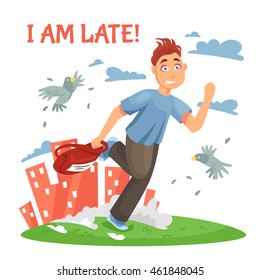 Late teenager running to school and disturbing the birds at urban landscape background cartoon vector illustration 