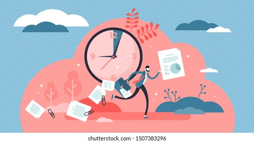 Late vector illustration. Flat tiny tight schedule delay persons concept. Symbolic clock deadline and last minute rush. Busy and stress is new stupid lifestyle. Urgent project time management fail.