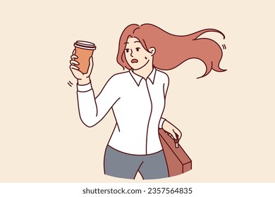 Late woman office clerk runs with coffee in hands to be on time for corporation meeting with boss. Late girl with glass and business briefcase is trying to catch up with departing bus