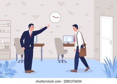 Late to work flat color vector illustration. Boss angry at employee for tardiness. Challenges at office job. Colleagues 2D cartoon characters with corporate workplace interior on background