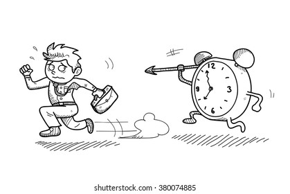 Late For Work, a hand drawn vector doodle illustration of a worker being late for work and are in a hurry against the time.