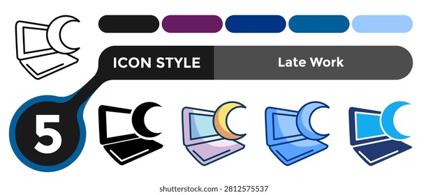 Late Work icon for representing night productivity systems, flexible schedules, and extended working hours. Line, Filled, Color, Dualtone style.