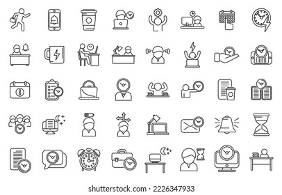 Late work icons set outline vector. Daily hour. Morning time