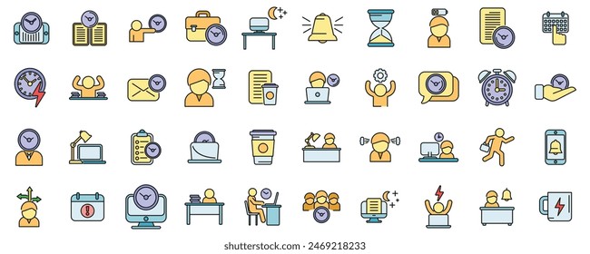 Late work icons set outline vector. Daily hour. Morning time thin line color flat on white
