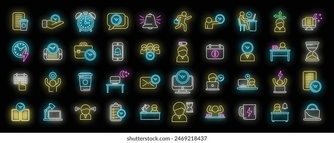 Late work icons set outline vector. Daily hour. Morning time neon color on black