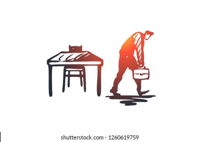 Late, work, manager, job, busy concept. Hand drawn tired worker leaving office too late concept sketch. Isolated vector illustration.