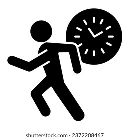 Late for work or meeting solid icon. Clock and silhouette of running man glyph style pictogram on white background. Time to Work for mobile concept and web design. Vector graphics