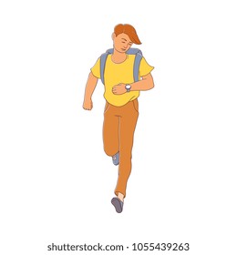 Late young man hurrying up looking at watches. Hand drawn character in casual summer clothing jeans holding backpack running to meeting. Male character in flat style. Vector illustration isolated