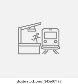 Latecomer man running along the platform to reach the train line icon for web, mobile and infographics. Vector dark grey icon isolated on light grey background.