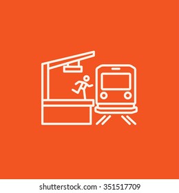 Latecomer man running along the platform to reach the train line icon for web, mobile and infographics. Vector white icon isolated on red background.