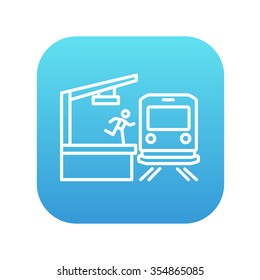 Latecomer man running along the platform to reach the train line icon for web, mobile and infographics. Vector white icon on the blue gradient square with rounded corners isolated on white background.