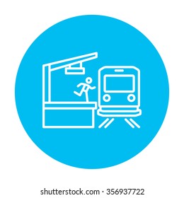 Latecomer man running along the platform to reach the train line icon for web, mobile and infographics. Vector white icon on the light blue circle isolated on white background.