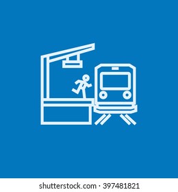 Latecomer man running along the platform to reach train line icon.