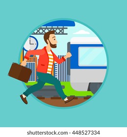 Latecomer Man Running Along The Platform To Reach The Train. Man Came Too Late At Train Station. Man With Briefcase Chasing Train. Vector Flat Design Illustration In The Circle Isolated On Background.