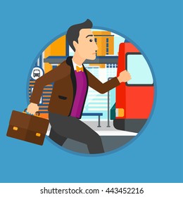 Latecomer man running along the sidewalk to reach a bus. Young man came too late at bus stop. Man with briefcase chasing a bus. Vector flat design illustration in the circle isolated on background.