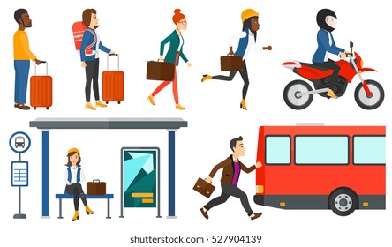 Latecomer man running along the sidewalk to reach a bus. Young man came too late at bus stop. Man with briefcase chasing a bus. Set of vector flat design illustrations isolated on white background.