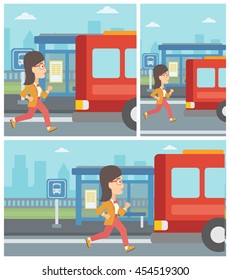 Latecomer woman running along the sidewalk to reach a bus. Young woman came too late at bus stop. Woman chasing a bus. Vector flat design illustration. Square, horizontal, vertical layouts.