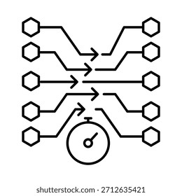 Ícone de latência, Rede - Chip de IA, Velocidade de transferência de dados, Atraso de rede, Baixa latência, Comunicação digital, Processamento em tempo real, curso editável.