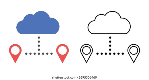 Ícone do nó do rastreador de latência com nuvem interconectada e pinos de mapa com linhas de atraso pontilhadas. Ideal para análise de desempenho em nuvem, monitoramento de rede e visualização de sistema distribuído.