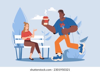 Lateness blue concept with people scene in the flat cartoon design. Man is in hurry with coffee and flowers for a date with the girl. Vector illustration.