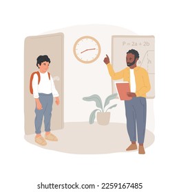 Lateness to classes isolated cartoon vector illustration. Student is being late to school, opens the door in classroom, teacher pointing on watch, punctuality problem, careless vector cartoon.