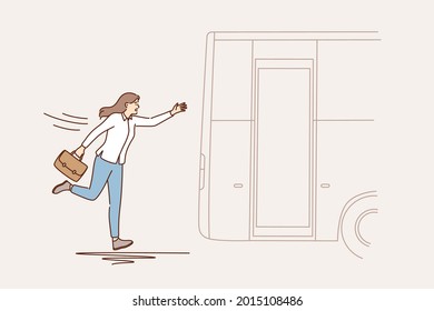 Lateness and lack of time concept. Business woman cartoon character running trying to catch leaving bus outdoors vector illustration