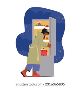 Late-night Fridge Raiding. Female Character Opens The Fridge In Search Of A Midnight Snack, Seeking Comfort Or Satiating Cravings Under The Moonlit Glow. Cartoon People Vector Illustration