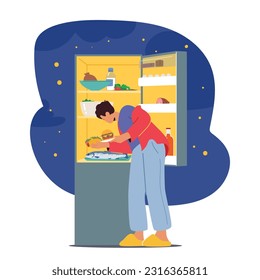 Late-night Snacking. Male Character Opens Fridge In Search Of Midnight Treat. Hunger Strikes As They Explore Contents, Seeking Satisfying Snack To Satisfy Cravings. Cartoon People Vector Illustration