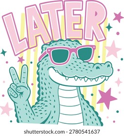 Later cute cartoon alligator vector illustration wearing pink sunglasses and flashing a peace sign. Retro style crocodile graphic with pink stars and yellow background stripes, perfect for kids' apparel, sublimation, and crafting
