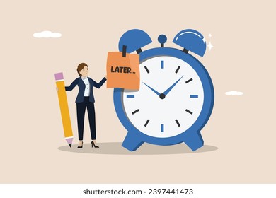 Later, postponing work or delaying deadlines, meeting schedule reminders, business people writing the word LATER on paper attached to the alarm clock.