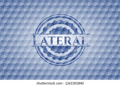 Lateral blue badge with geometric background.