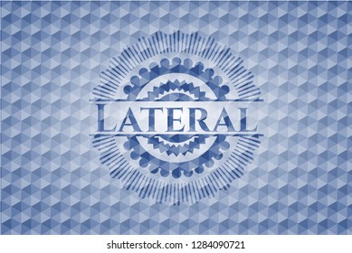 Lateral blue badge with geometric background.