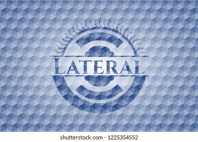 Lateral blue emblem with geometric background.