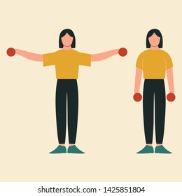 Lateral raise. Top body workout. Upper body exercises. Flat vector illustration.