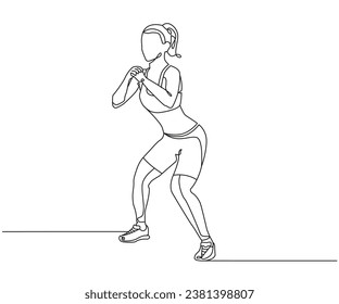 Lateral squat walk exercise Line Drawing isolated on copy space white background, Walking Squats exercise editable vector illustration, Continuous one line drawing, work out clip art