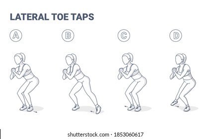 Lateral Toe Taps. Home Workout Exercise Guidance. Girl or a Young Woman in Sportswear Doing Toe Taps Workout Black and White Illustration.