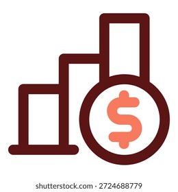 The latest addition to your collection is an icon representing Financial Growth or Capital Appreciation. It features a ascending bar chart with a prominent dollar sign coin at the base of the highest bar, symbolizing increasing revenue, investment performance, or tiered financial goals.