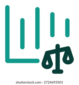La última adición a su colección es un ícono que representa el análisis equilibrado o la regulación del rendimiento. Cuenta con un gráfico de barras de Vertical acompañado de un símbolo de "Escalas de justicia", que representa un enfoque equilibrado de los datos, la conformidad regulatoria en el seguimiento del rendimiento o la ponderación de varias métricas comerciales para garantizar la estabilidad.
