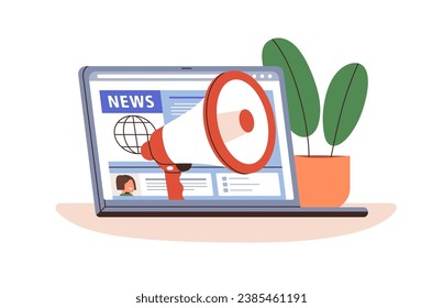 Latest breaking news in internet. Information, announcements in digital online newspaper, press. Megaphone announcing message in laptop. Concept flat vector illustration isolated on white background