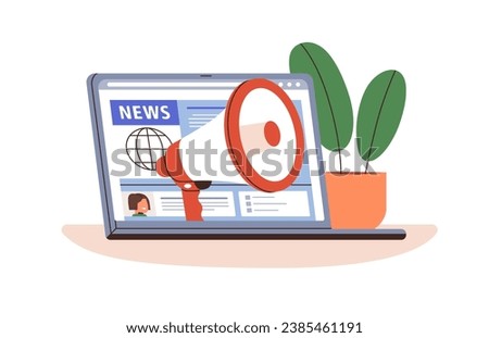 Latest breaking news in internet. Information, announcements in digital online newspaper, press. Megaphone announcing message in laptop. Concept flat vector illustration isolated on white background
