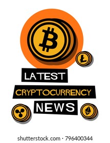 Latest Cryptocurrency News Poster with Bitcoin, Ethereum, Litecoin, and Ripple Coins