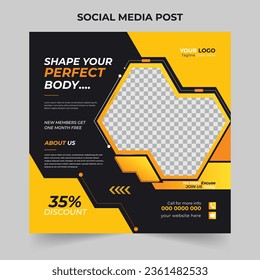 Latest gym, fitness, and sports social media post or banner design template Premium Vector. Modern squire banner ads for social media and website.